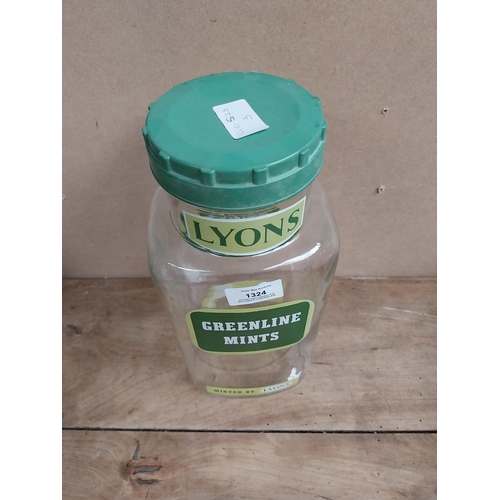 1324 - Lyons Greenline mints glass sweet jar. {31 cm H x 14 cm W  x 10 cm D}.