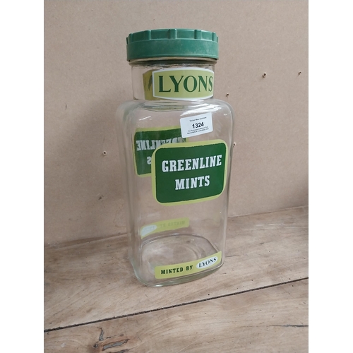 1324 - Lyons Greenline mints glass sweet jar. {31 cm H x 14 cm W  x 10 cm D}.