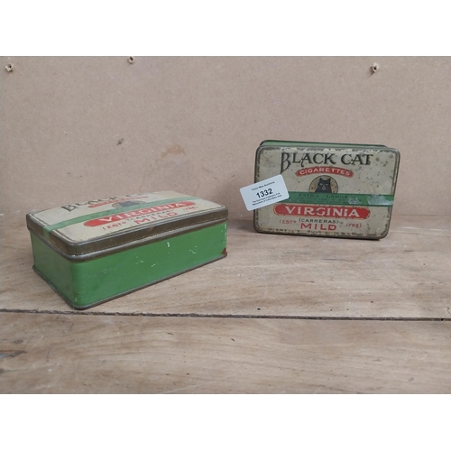 1332 - Two Black Cat Mild Tobacco advertising tins. {4 cm H x 11 cm W x 8 cm D}.