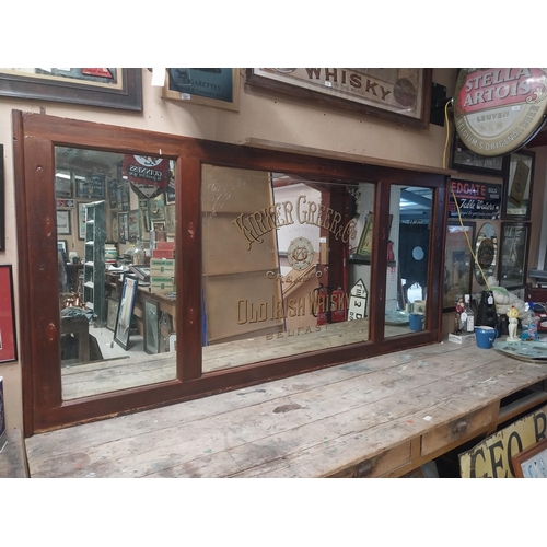 1336 - Early 20th C. Kirker and Greer Old Irish Whisky tryptich bar back advertising mirror in stained teak... 