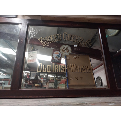 1336 - Early 20th C. Kirker and Greer Old Irish Whisky tryptich bar back advertising mirror in stained teak... 