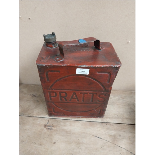 1361 - Pratt's Petrol Can with original brass cap. {30 cm H x 25 cm W x 15 cm D}.