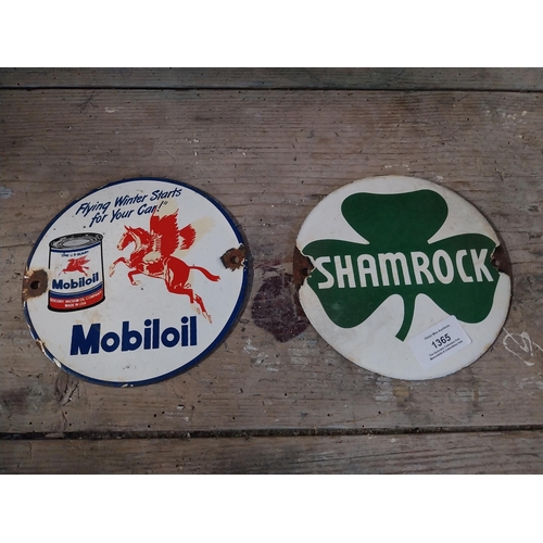 1365 - Shamrock Oil and Mobiloil enamel advertising sign. {15 cm Dia.}.