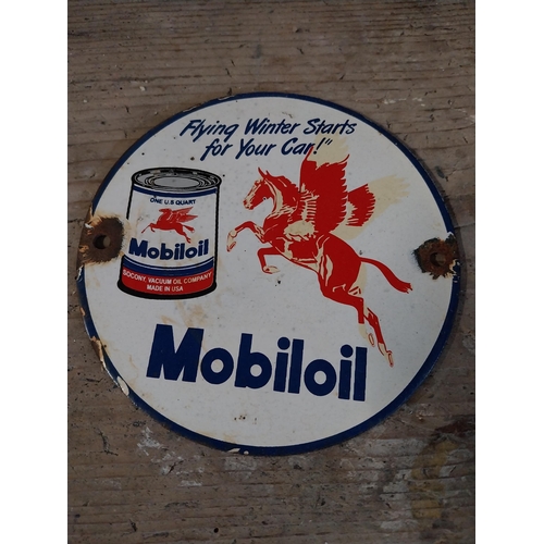 1365 - Shamrock Oil and Mobiloil enamel advertising sign. {15 cm Dia.}.