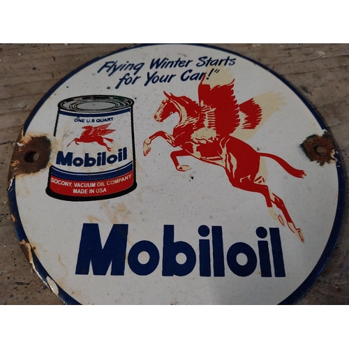 1365 - Shamrock Oil and Mobiloil enamel advertising sign. {15 cm Dia.}.