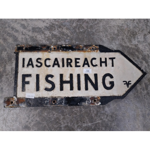 1368 - Alloy bilingual Fishing finger post sign. {28 cm H x 65 cm W}.