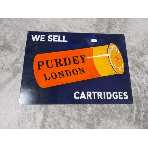 1370 - We Sell Purdey London Cartridges tinplate advertising sign. {50 cm H x 70 cm W}.