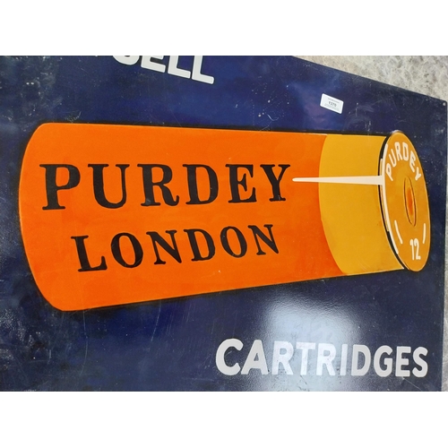 1370 - We Sell Purdey London Cartridges tinplate advertising sign. {50 cm H x 70 cm W}.