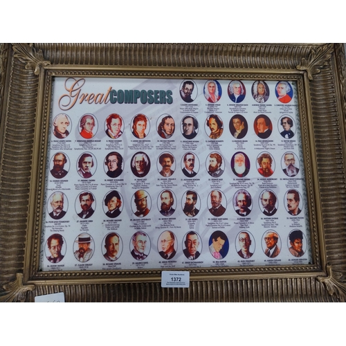 1372 - Framed print of the Great Composers. {44 cm H x 54 cm W}.