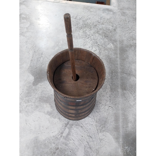 1410 - 19th C. oak dash churn with metal banding. {70 cm H x 44 cm Dia.}.