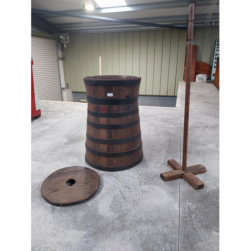 1410 - 19th C. oak dash churn with metal banding. {70 cm H x 44 cm Dia.}.