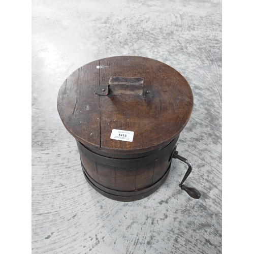 1415 - Unusual 19th C. oak and metal table churn. {28 cm H x 27 cm W}.