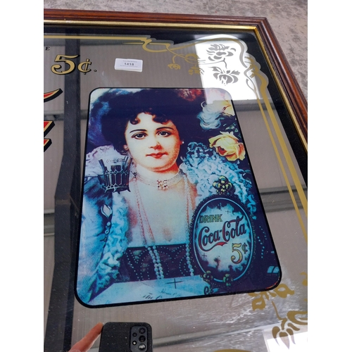 1418 - 1970's Coca Cola framed advertising mirror. {56 cm H x 86 cm W].