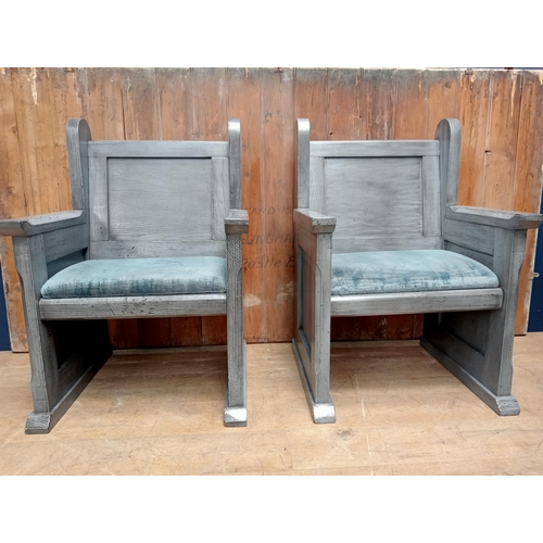 1422 - Pair of Irish wooden settle arm chairs with upholstered seats - NOT AVAILABLE TO VIEW IN PERSON