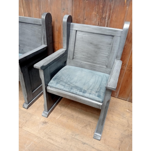 1422 - Pair of Irish wooden settle arm chairs with upholstered seats - NOT AVAILABLE TO VIEW IN PERSON