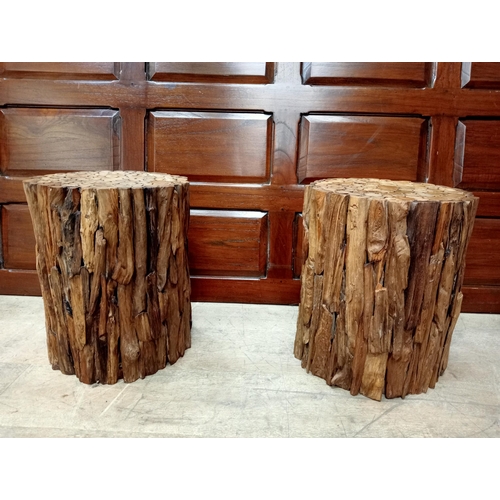 1423 - Pair of walnut tree style stools {H 40cm x Dia 32cm }. - NOT AVAILABLE TO VIEW IN PERSON