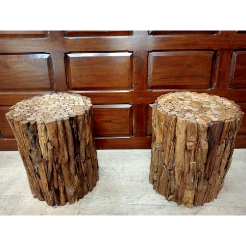 1423 - Pair of walnut tree style stools {H 40cm x Dia 32cm }. - NOT AVAILABLE TO VIEW IN PERSON