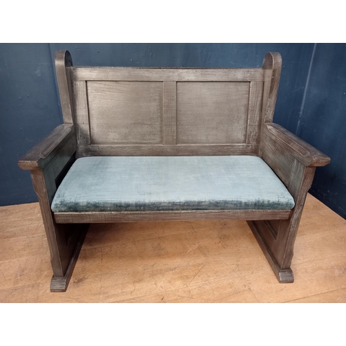 1425 - Irish wooden settle bench with blue velvet upholstered seat {H 98cm x W 89cm x D 63cm}. - NOT AVAILA... 