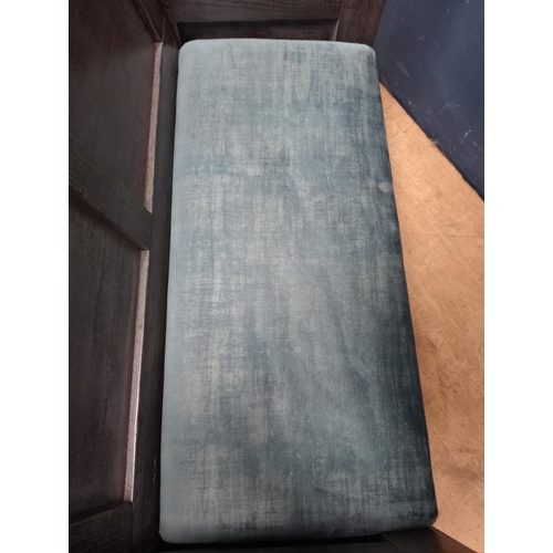 1425 - Irish wooden settle bench with blue velvet upholstered seat {H 98cm x W 89cm x D 63cm}. - NOT AVAILA... 