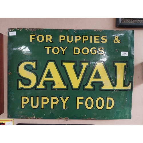 151 - Saval Puppy Food for puppies and toy dogs enamel advertising sign. {32 cm H x 71 cm W}.