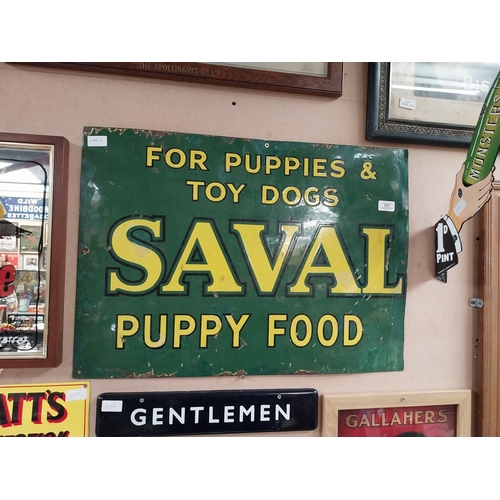 151 - Saval Puppy Food for puppies and toy dogs enamel advertising sign. {32 cm H x 71 cm W}.