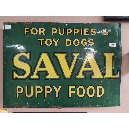 151 - Saval Puppy Food for puppies and toy dogs enamel advertising sign. {32 cm H x 71 cm W}.