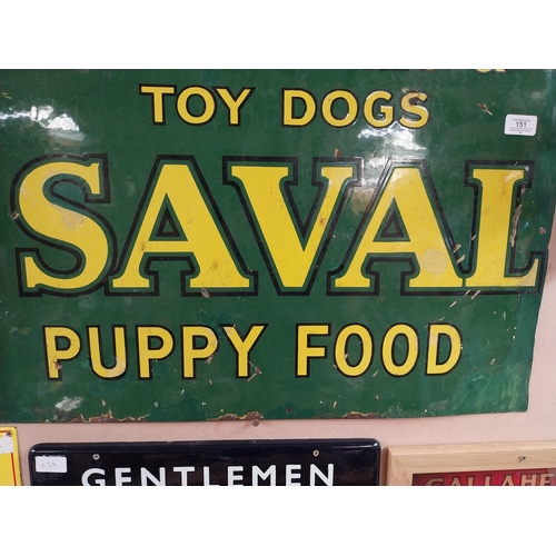 151 - Saval Puppy Food for puppies and toy dogs enamel advertising sign. {32 cm H x 71 cm W}.