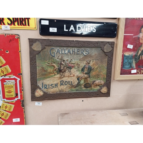 153 - Gallaher's Irish Roll tinplate advertising sign. {37 cm H x 50 cm W}.