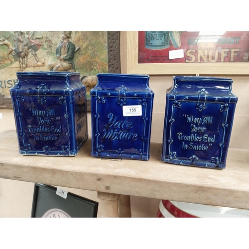 155 - Set of three early 20th C. Yale Mixture A Gentleman's Smoke glazed tobacco jars. {19 cm H x 13 cm W ... 