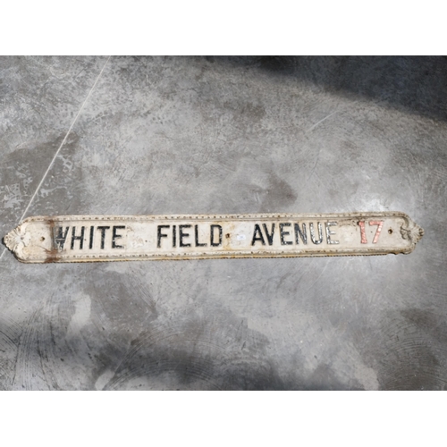 159 - 19th C. cast iron White Field Avenue 17 street sign. {15 cm H x 190 cm W}.