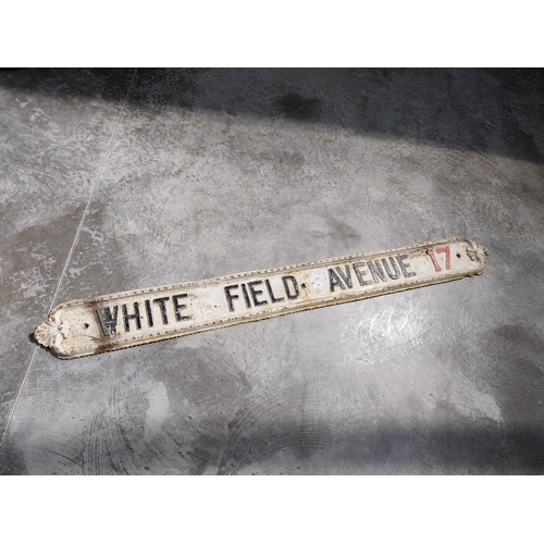 159 - 19th C. cast iron White Field Avenue 17 street sign. {15 cm H x 190 cm W}.