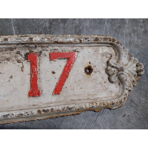 159 - 19th C. cast iron White Field Avenue 17 street sign. {15 cm H x 190 cm W}.