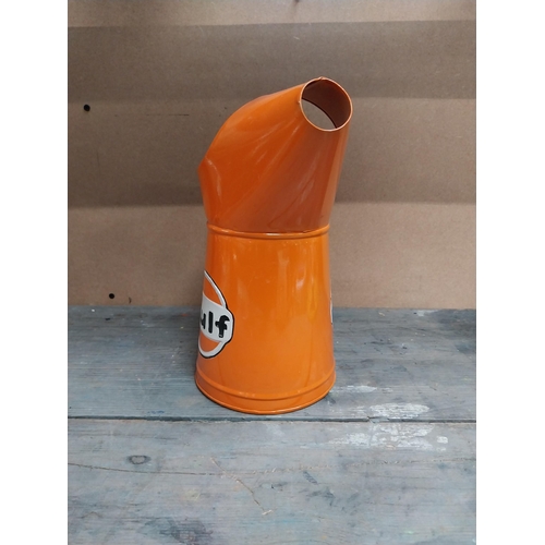 170 - Gulf Petrol tinplate graduated measuring jugs. {27 cm H x 35 cm W x 14 cm D}, {18 cm H x 18 cm W x 1... 