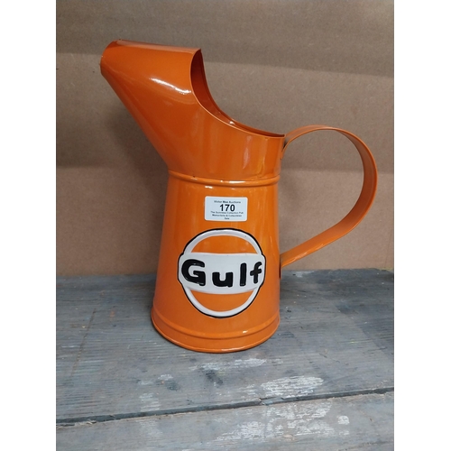 170 - Gulf Petrol tinplate graduated measuring jugs. {27 cm H x 35 cm W x 14 cm D}, {18 cm H x 18 cm W x 1... 