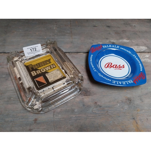 172 - Friary Brown Ale glass ashtray {3 cm H x 12 cm W x 15 cm D} and Bass ceramic ashtray {2 cm H x 13 cm... 