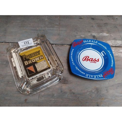 172 - Friary Brown Ale glass ashtray {3 cm H x 12 cm W x 15 cm D} and Bass ceramic ashtray {2 cm H x 13 cm... 