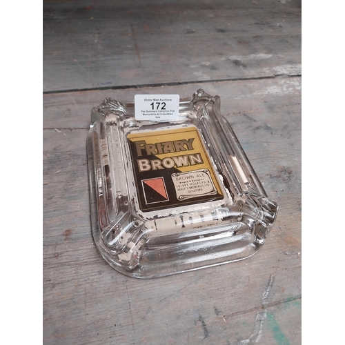 172 - Friary Brown Ale glass ashtray {3 cm H x 12 cm W x 15 cm D} and Bass ceramic ashtray {2 cm H x 13 cm... 