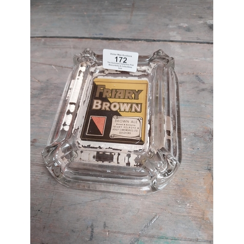 172 - Friary Brown Ale glass ashtray {3 cm H x 12 cm W x 15 cm D} and Bass ceramic ashtray {2 cm H x 13 cm... 