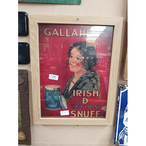 173 - Gallaher's Irish D High Toast Snuff framed advertising print. {41 cm H x 36 cm W}.