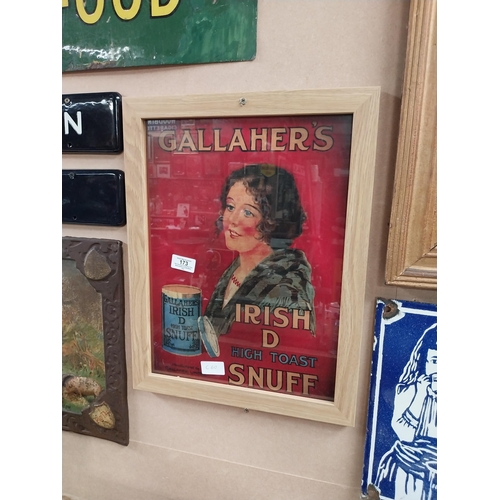 173 - Gallaher's Irish D High Toast Snuff framed advertising print. {41 cm H x 36 cm W}.