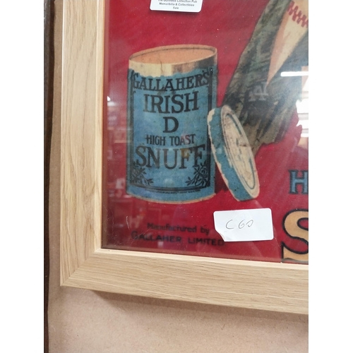 173 - Gallaher's Irish D High Toast Snuff framed advertising print. {41 cm H x 36 cm W}.