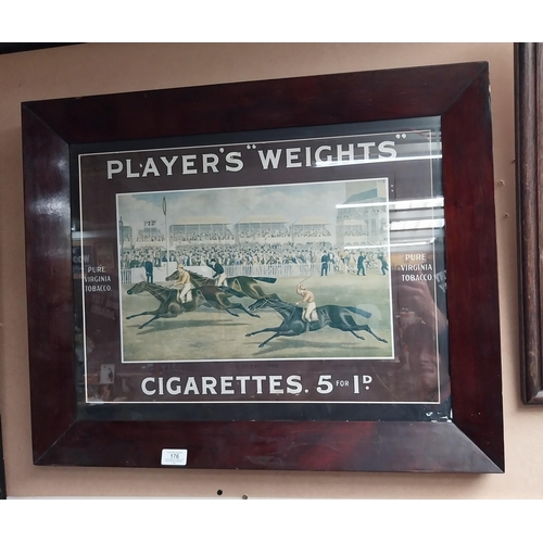 176 - Player's Weights cigarettes framed advertising showcard {56 cm H x 63 cm W}.