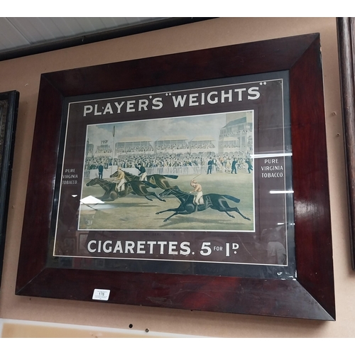 176 - Player's Weights cigarettes framed advertising showcard {56 cm H x 63 cm W}.