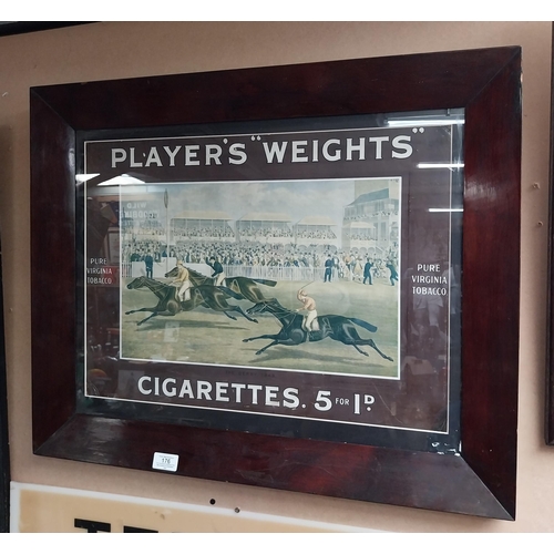 176 - Player's Weights cigarettes framed advertising showcard {56 cm H x 63 cm W}.