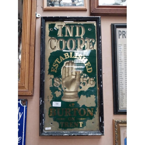 180 - Ind Coope Burton on Trent reverse painted glass framed advertisement. {56 cm H x 30 cm W}.