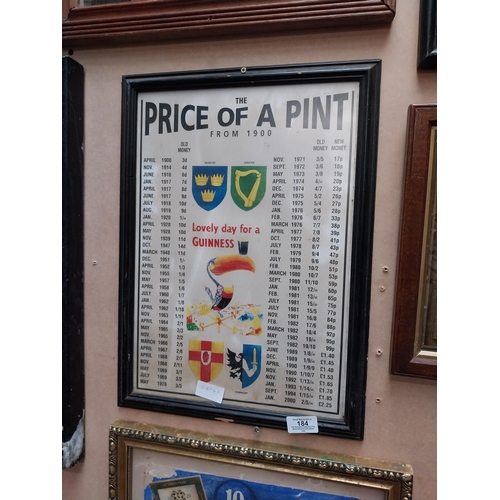 184 - Framed Guinness Price of a Pint from 1900 to 2000 advertising print. {46 cm H x 30 cm W}.