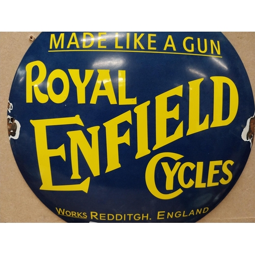 186 - Made like a Gun Royal Enfield Cycles enamel advertising sign. {30 cm Dia.}.