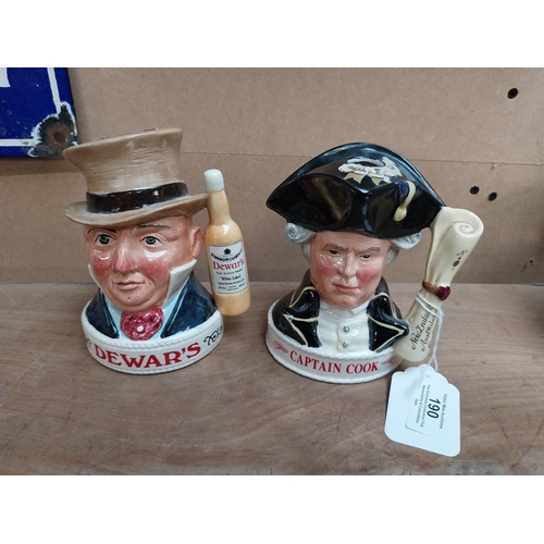 190 - Two Royal Doulton Captain Cook Bourbon and Mr McCawber Dewars Whiskey ceramic advertising figures. {... 