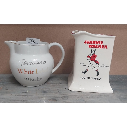 192 - Dewars White Label Whisky {10 cm H }and Johnny Walker Whisky {13 cm H} ceramic water Jugs