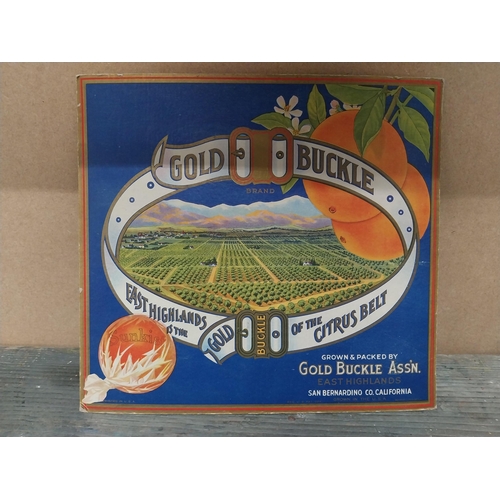 199 - Gold Buckle East Highlands of the Citrus Belt advertising showcard. {25 cm H x 27 cm W}.